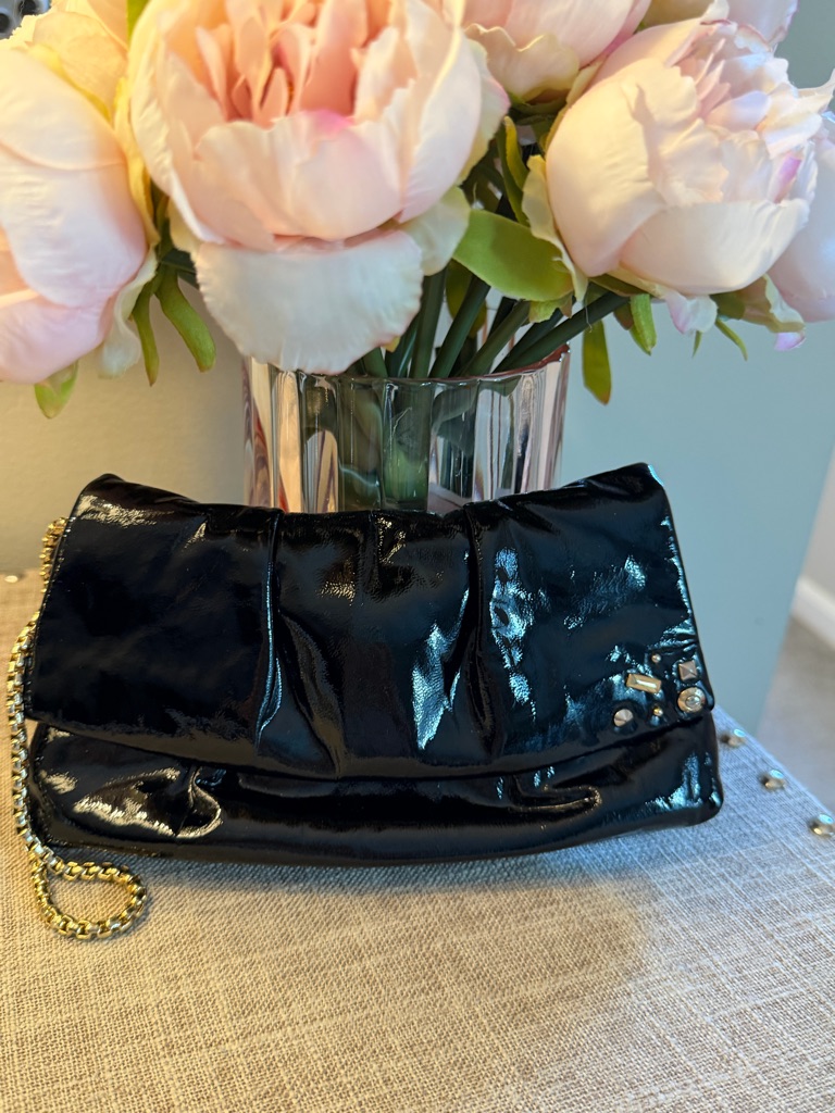 Euc Henri Bendel Black Embellished Patent Clutch Wristlet W Gold Chain